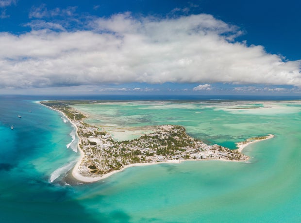 Panoramic aerial shot of Christmas Island and lagoon in Kiribati 