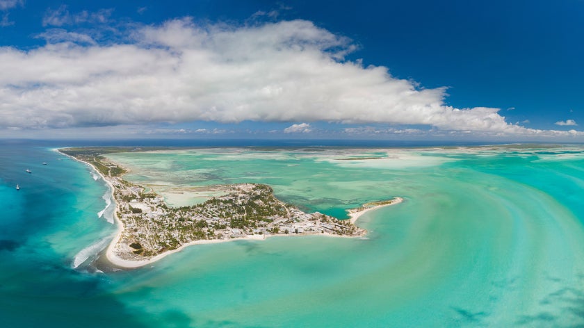 Panoramic aerial shot of Christmas Island and lagoon in Kiribati 