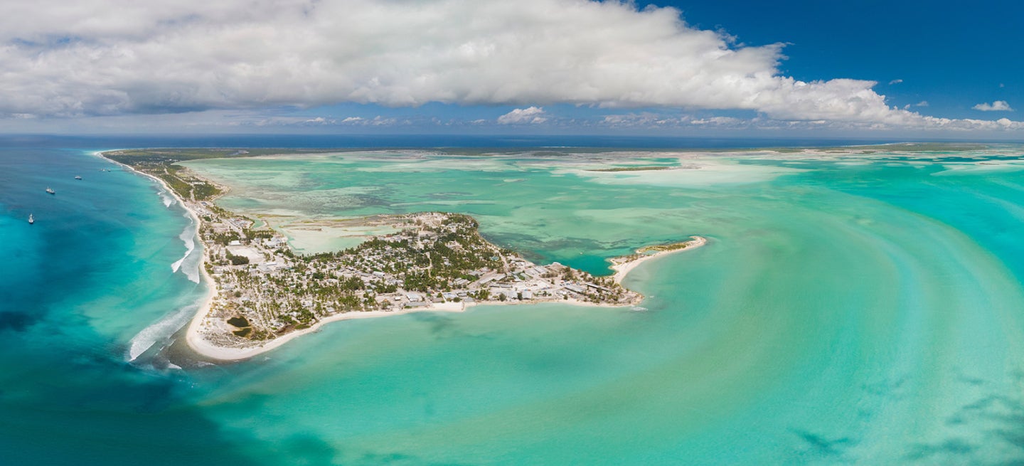 Panoramic aerial shot of Christmas Island and lagoon in Kiribati 