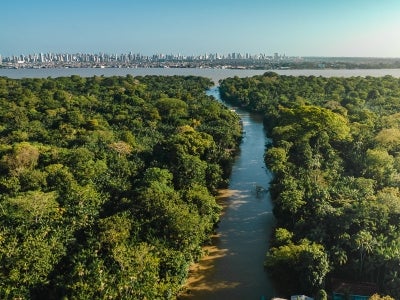 aerial photo with drone of Combu Island overlooking the city of Belem do Para in Brazil 